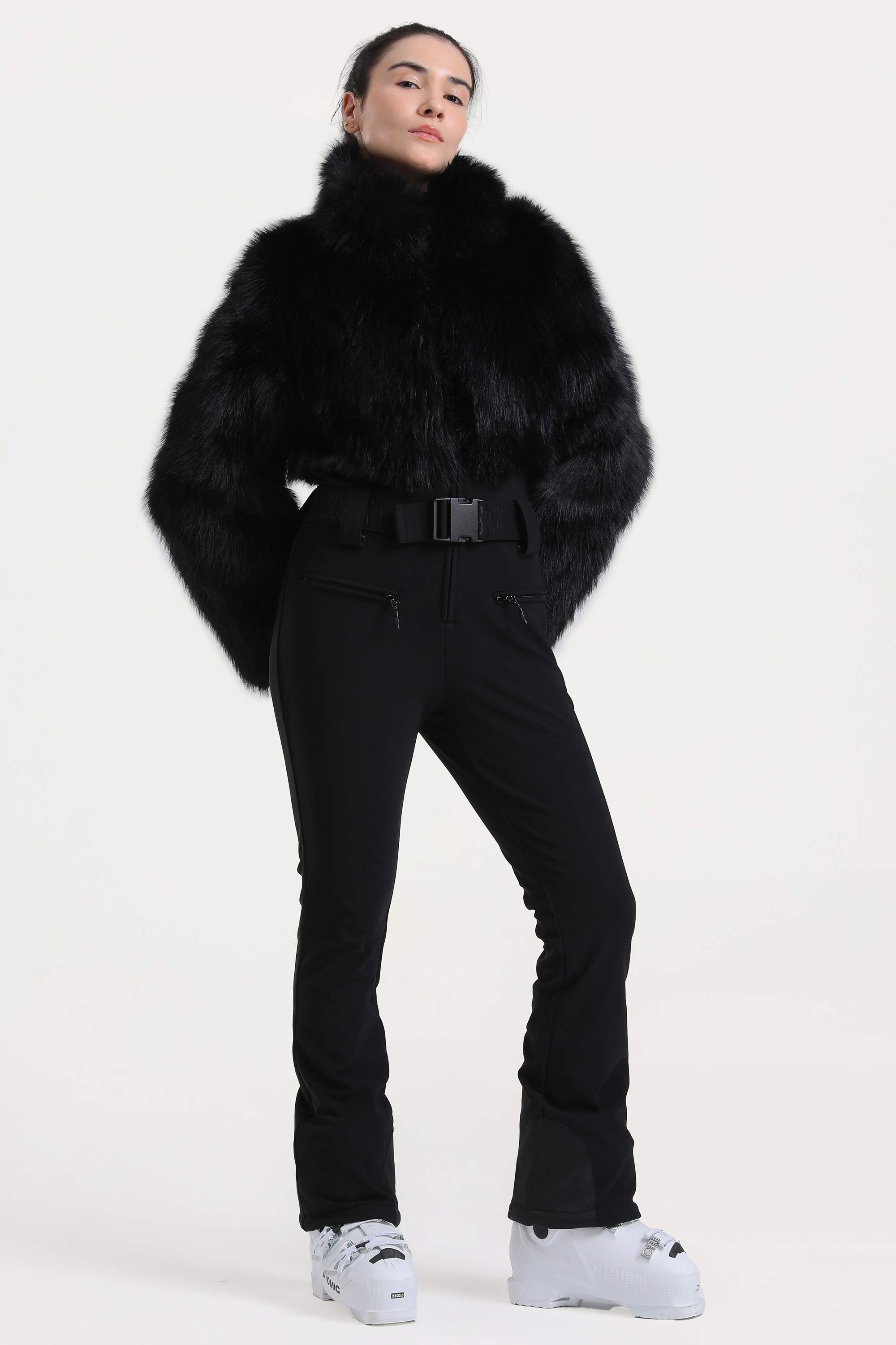 Women's Black Fashion Slim-Fit Stretch Faux Fox Fur Flared One-Piece Ski Suit Snowboard Suit