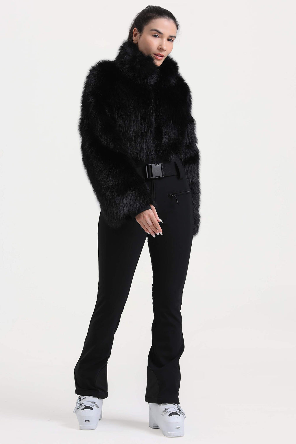 Women's Black Fashion Slim-Fit Stretch Faux Fox Fur Flared One-Piece Ski Suit Snowboard Suit