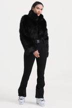 Women's Black Fashion Slim-Fit Stretch Faux Fox Fur Flared One-Piece Ski Suit Snowboard Suit