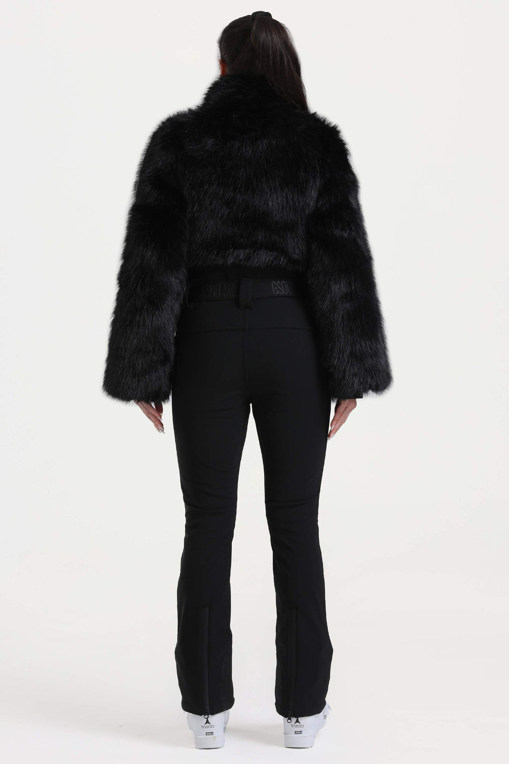 Women's Black Fashion Slim-Fit Stretch Faux Fox Fur Flared One-Piece Ski Suit Snowboard Suit