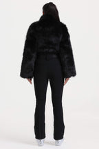 Women's Black Fashion Slim-Fit Stretch Faux Fox Fur Flared One-Piece Ski Suit Snowboard Suit