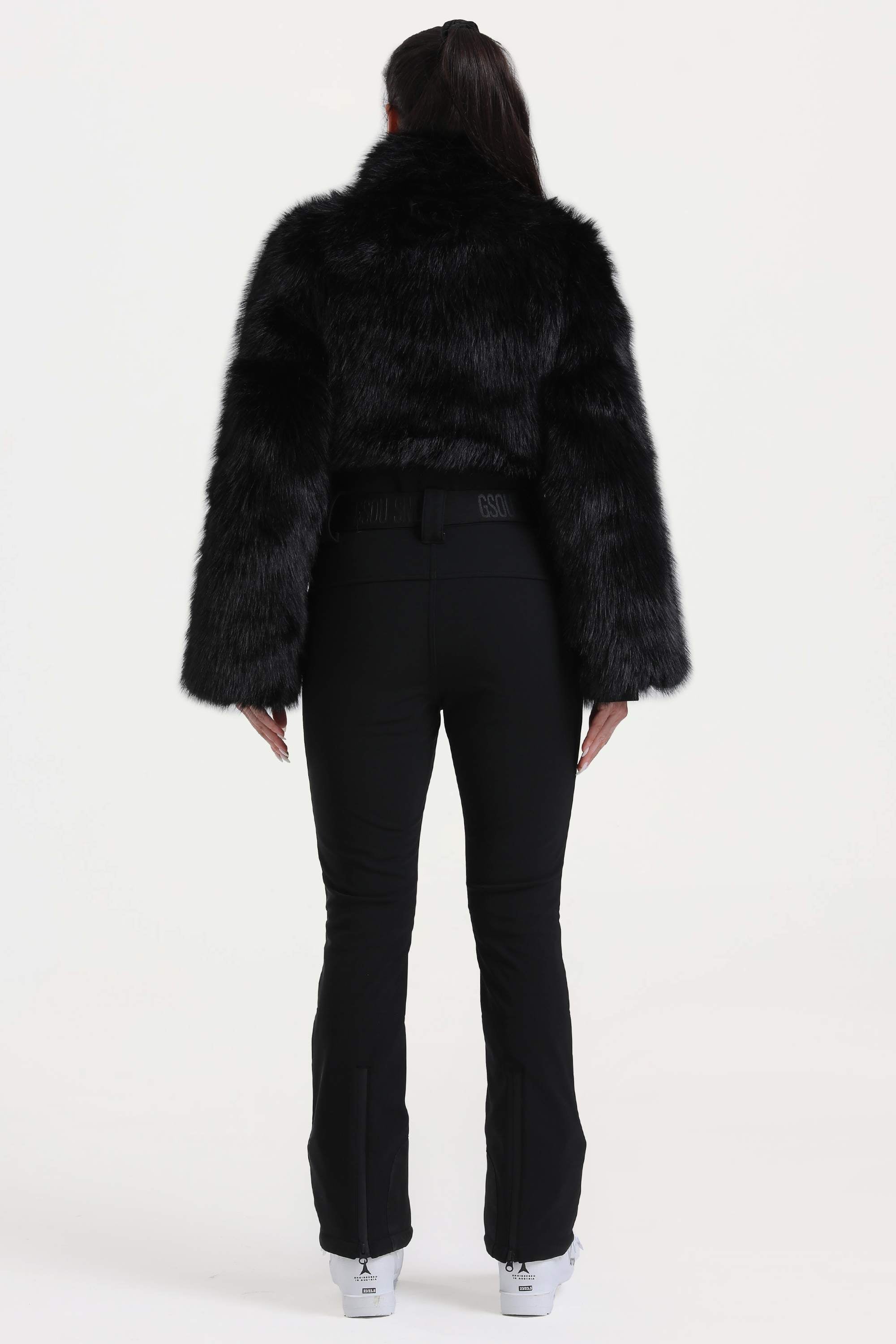 Women's Black Fashion Slim-Fit Stretch Faux Fox Fur Flared One-Piece Ski Suit Snowboard Suit