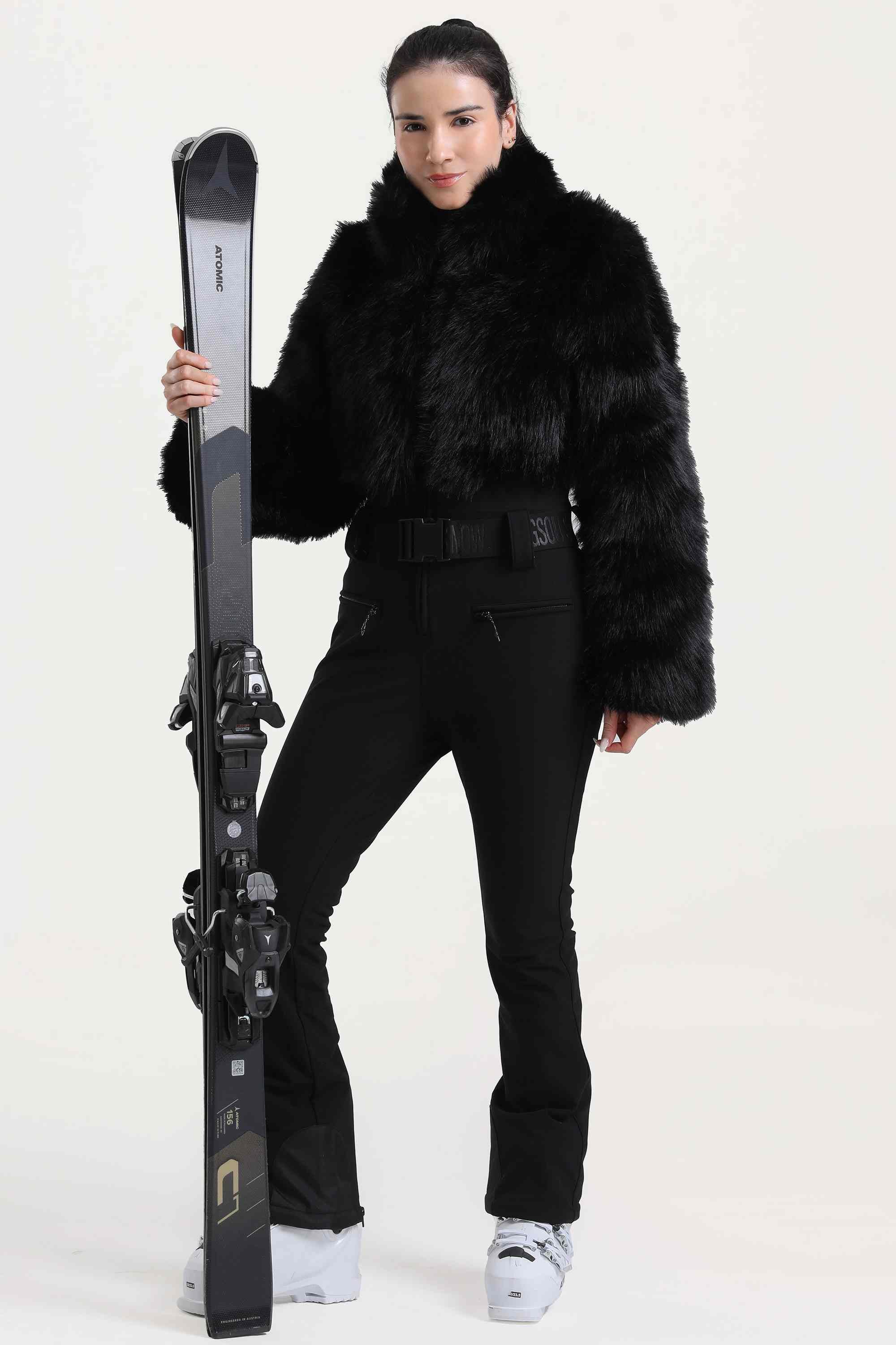 Women's White Fashion Slim-Fit Stretch Faux Fox Fur Flared One-Piece Ski Suit Snowboard Suit
