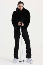 Women's Black Fashion Slim-Fit Stretch Faux Fox Fur Flared One-Piece Ski Suit Snowboard Suit