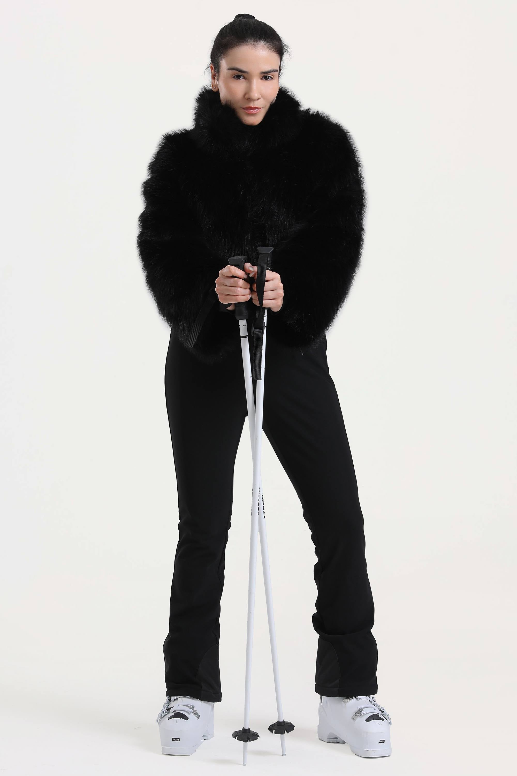 Women's Black Fashion Slim-Fit Stretch Faux Fox Fur Flared One-Piece Ski Suit Snowboard Suit