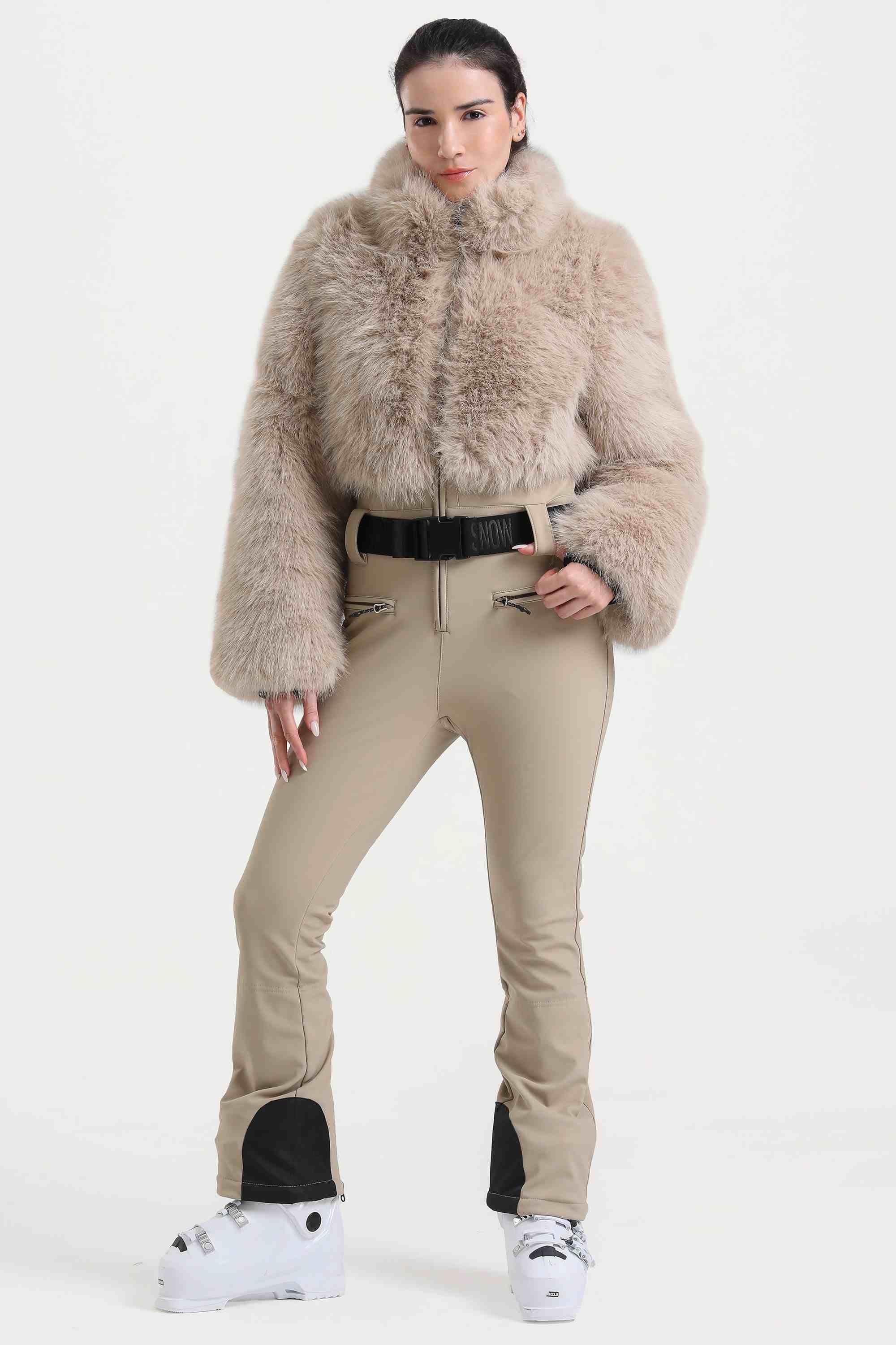 Women's Khaki Fashion Slim-Fit Stretch Faux Fox Fur Flared One-Piece Ski Suit Snowboard Suit Main image