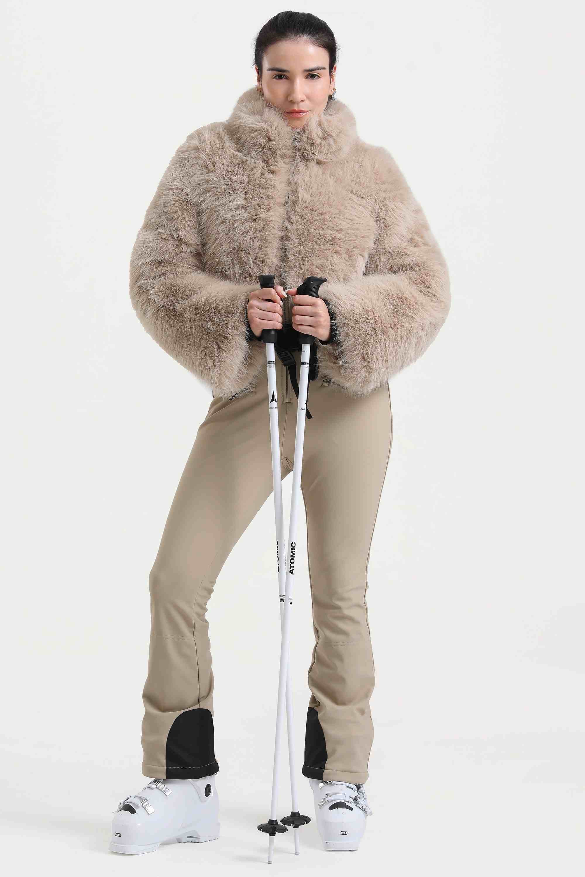 Women's White Fashion Slim-Fit Stretch Faux Fox Fur Flared One-Piece Ski Suit Snowboard Suit