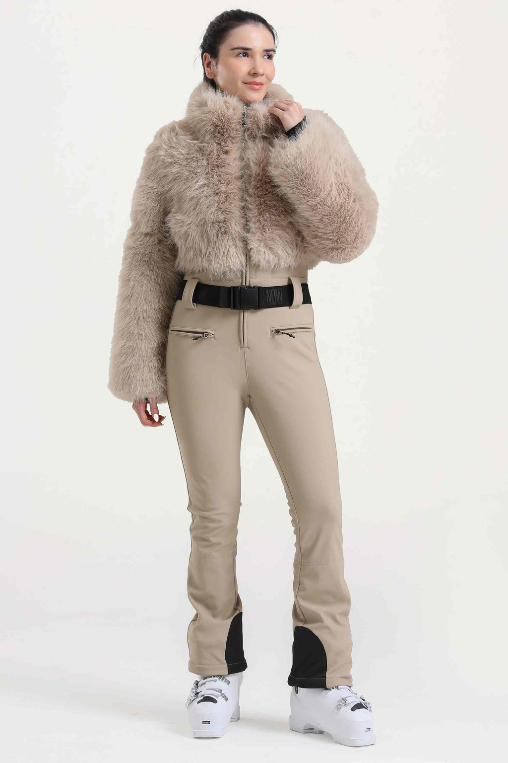 Women's Khaki Fashion Slim-Fit Stretch Faux Fox Fur Flared One-Piece Ski Suit Snowboard Suit