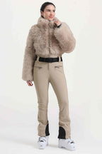 Women's Khaki Fashion Slim-Fit Stretch Faux Fox Fur Flared One-Piece Ski Suit Snowboard Suit
