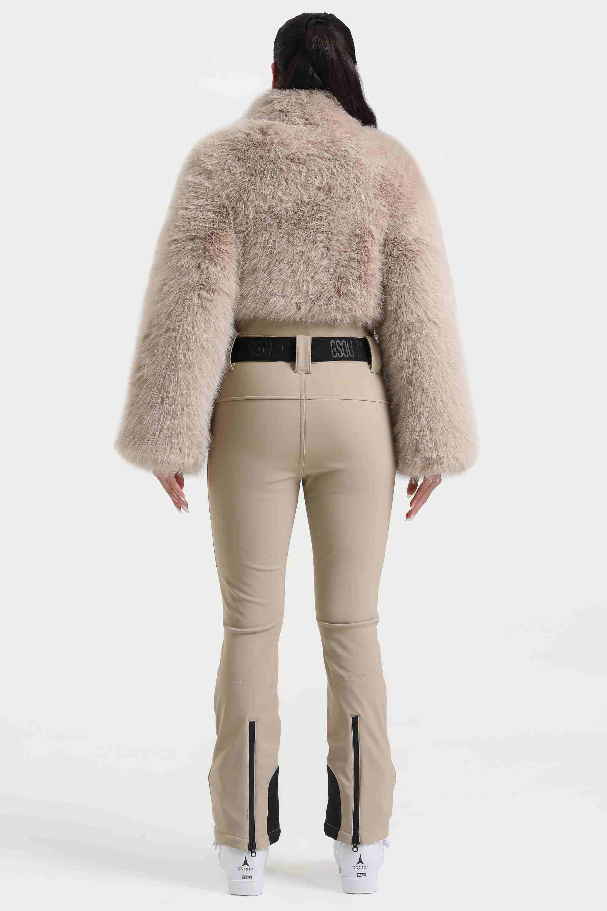 Women's White Fashion Slim-Fit Stretch Faux Fox Fur Flared One-Piece Ski Suit Snowboard Suit