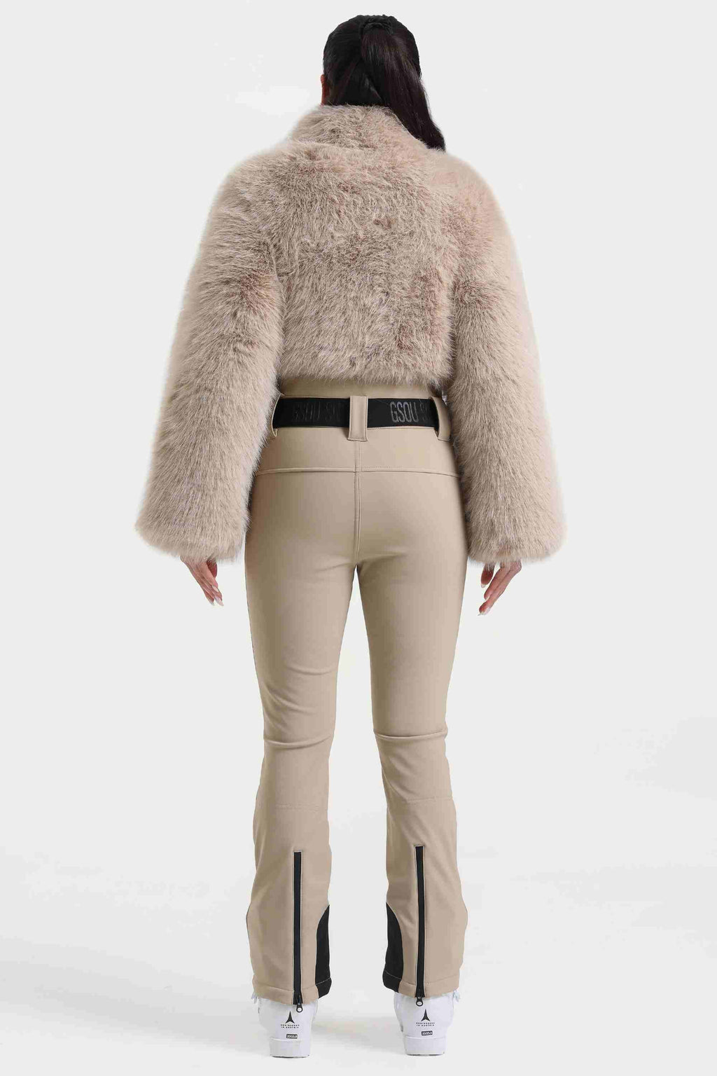 Women's Khaki Fashion Slim-Fit Stretch Faux Fox Fur Flared One-Piece Ski Suit Snowboard Suit