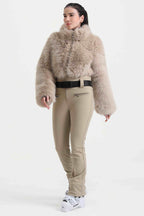 Women's Khaki Fashion Slim-Fit Stretch Faux Fox Fur Flared One-Piece Ski Suit Snowboard Suit