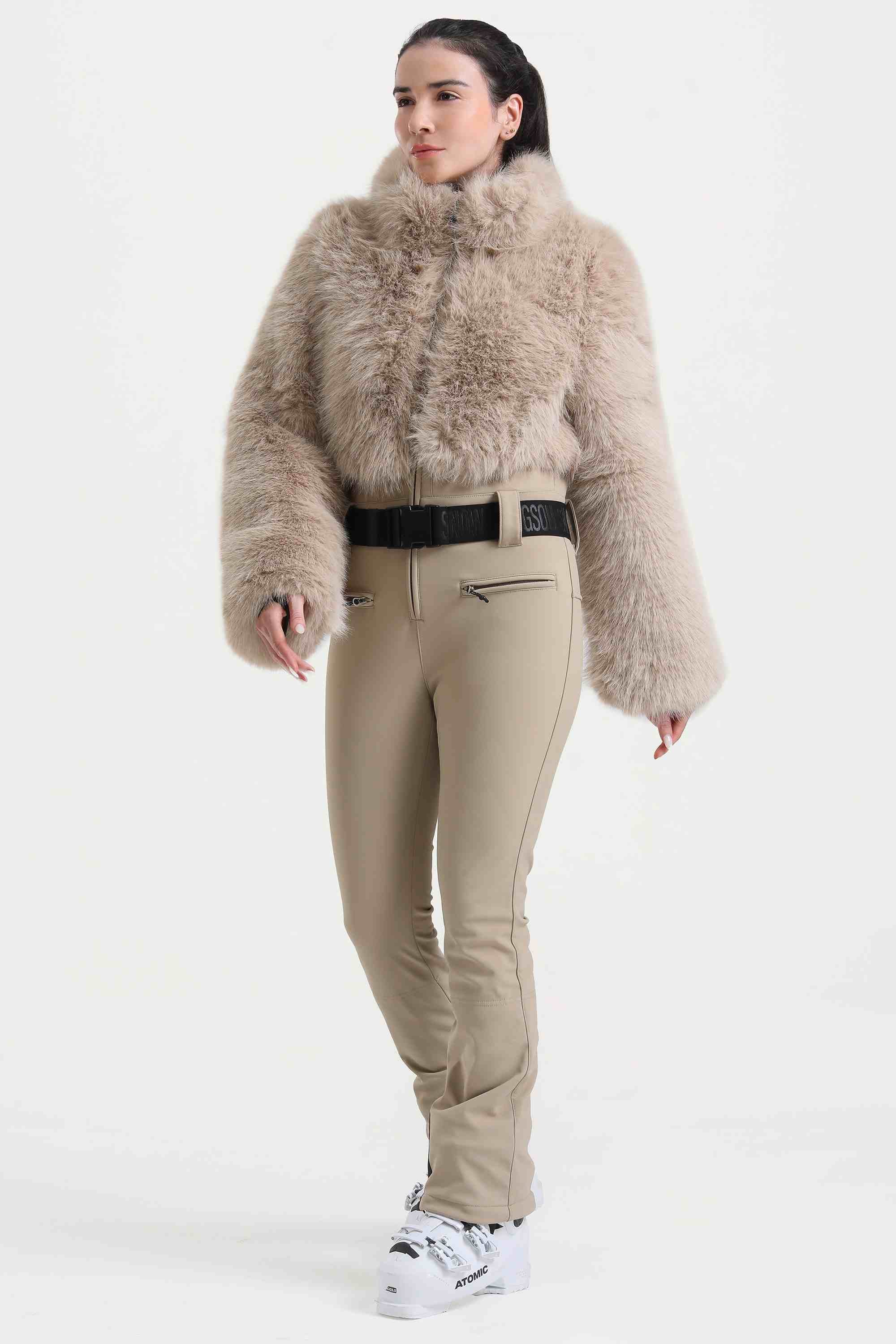 Women's Khaki Fashion Slim-Fit Stretch Faux Fox Fur Flared One-Piece Ski Suit Snowboard Suit