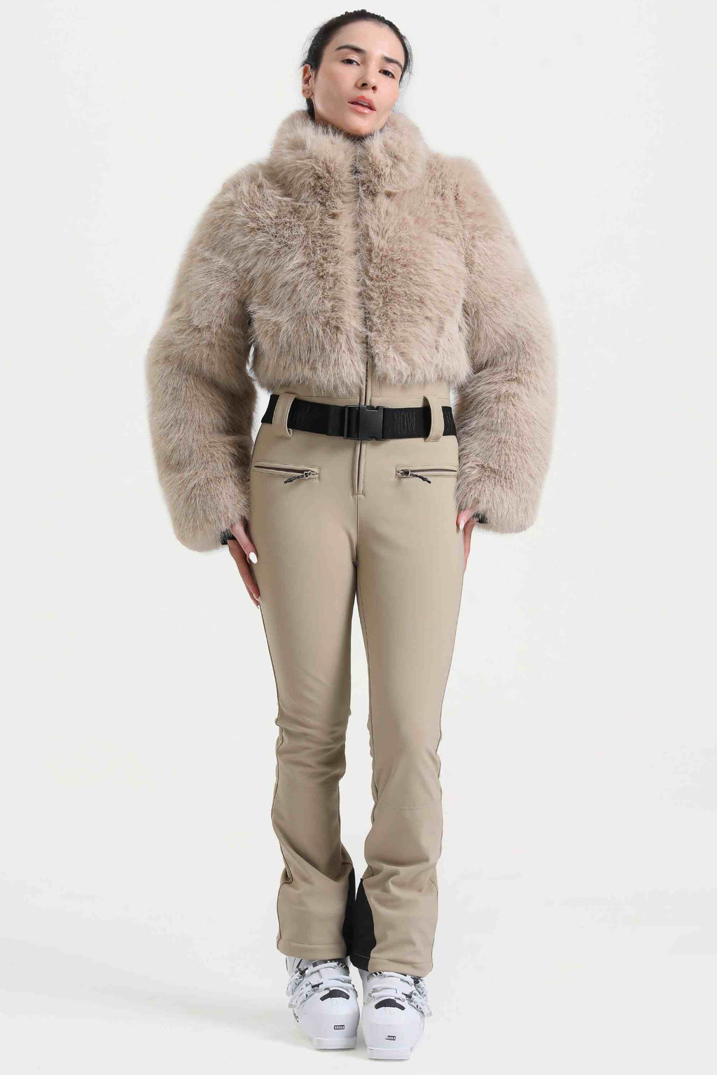 Women's Khaki Fashion Slim-Fit Stretch Faux Fox Fur Flared One-Piece Ski Suit Snowboard Suit