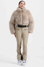Women's Khaki Fashion Slim-Fit Stretch Faux Fox Fur Flared One-Piece Ski Suit Snowboard Suit