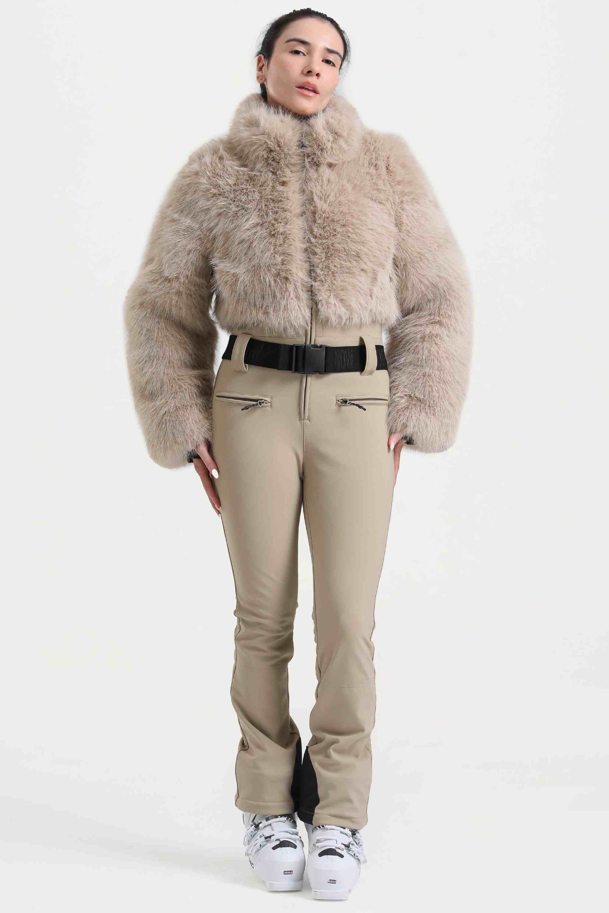 Women's Khaki Fashion Slim-Fit Stretch Faux Fox Fur Flared One-Piece Ski Suit Snowboard Suit