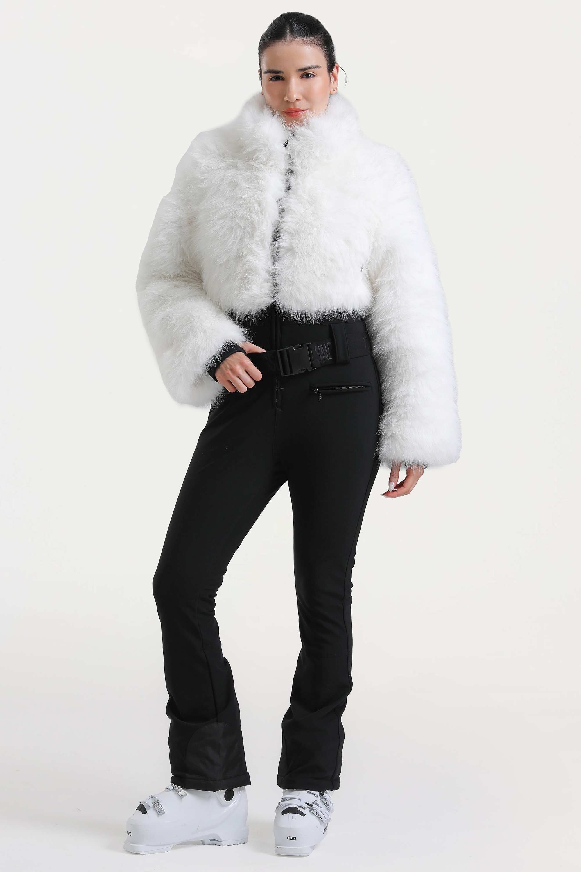 Women's White Fashion Slim-Fit Stretch Faux Fox Fur Flared One-Piece Ski Suit Snowboard Suit Main image