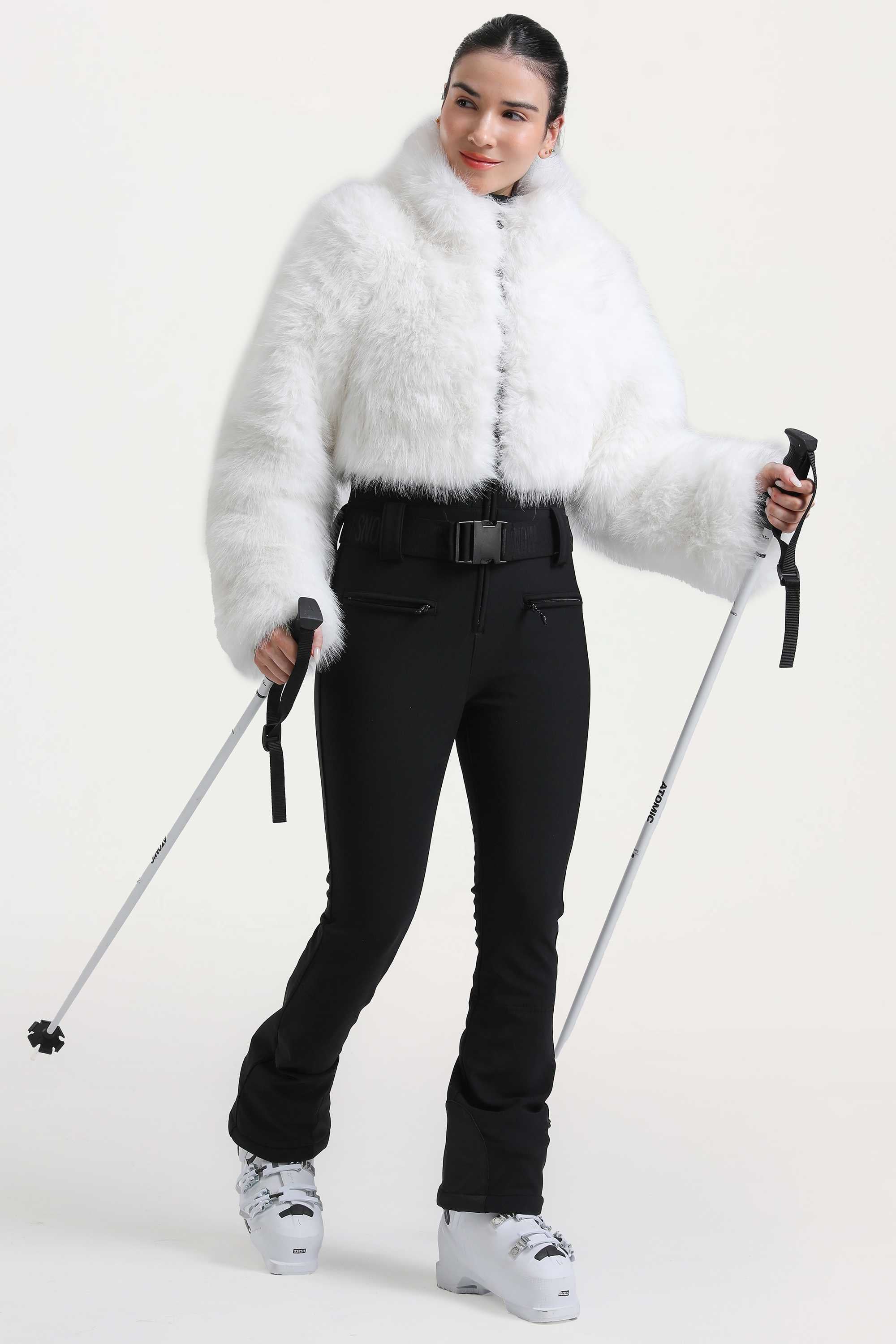 Women's White Fashion Slim-Fit Stretch Faux Fox Fur Flared One-Piece Ski Suit Snowboard Suit