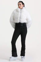 Women's White Fashion Slim-Fit Stretch Faux Fox Fur Flared One-Piece Ski Suit Snowboard Suit