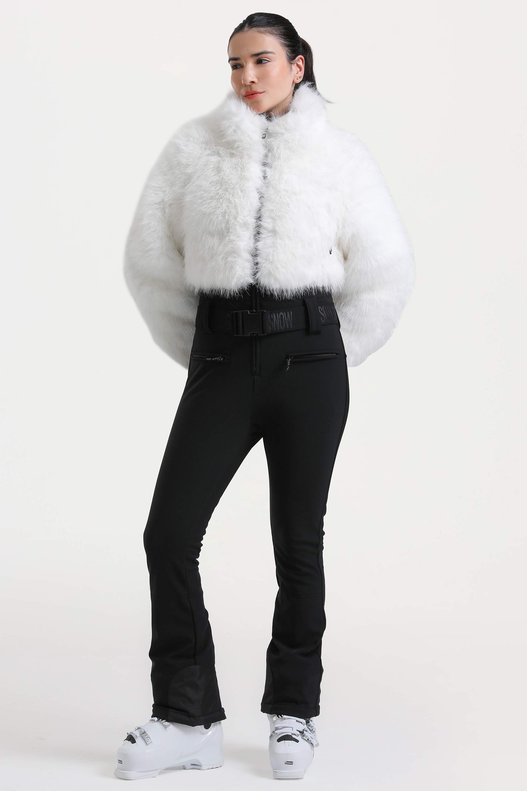 Women's White Fashion Slim-Fit Stretch Faux Fox Fur Flared One-Piece Ski Suit Snowboard Suit