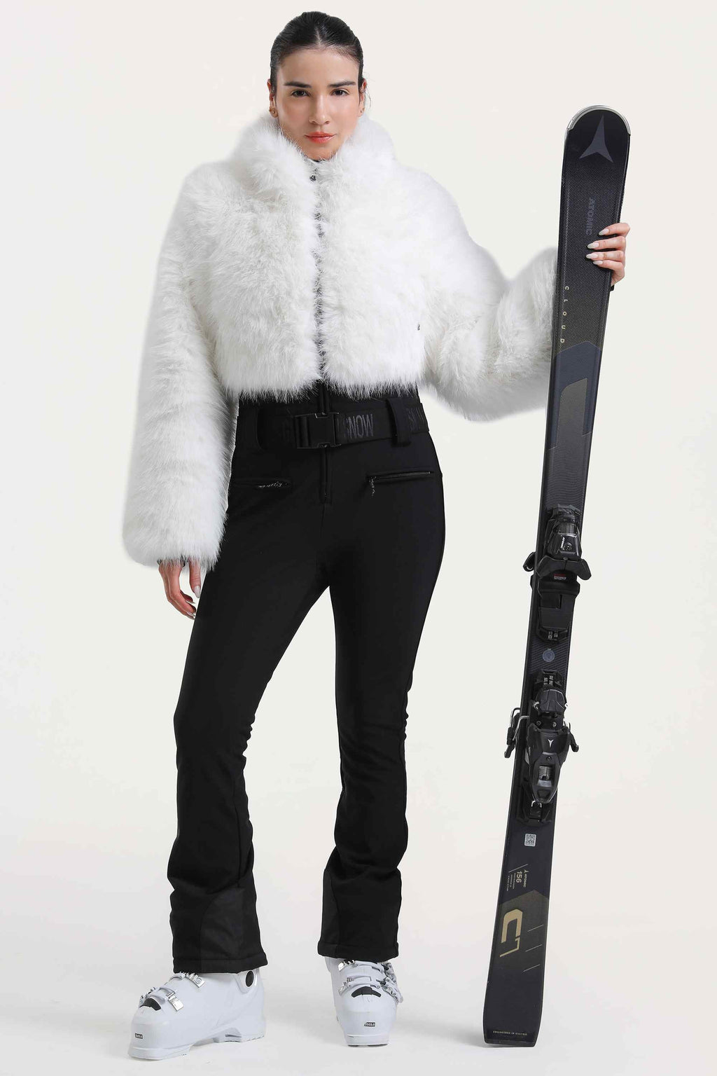 Women's White Fashion Slim-Fit Stretch Faux Fox Fur Flared One-Piece Ski Suit Snowboard Suit