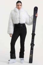 Women's White Fashion Slim-Fit Stretch Faux Fox Fur Flared One-Piece Ski Suit Snowboard Suit