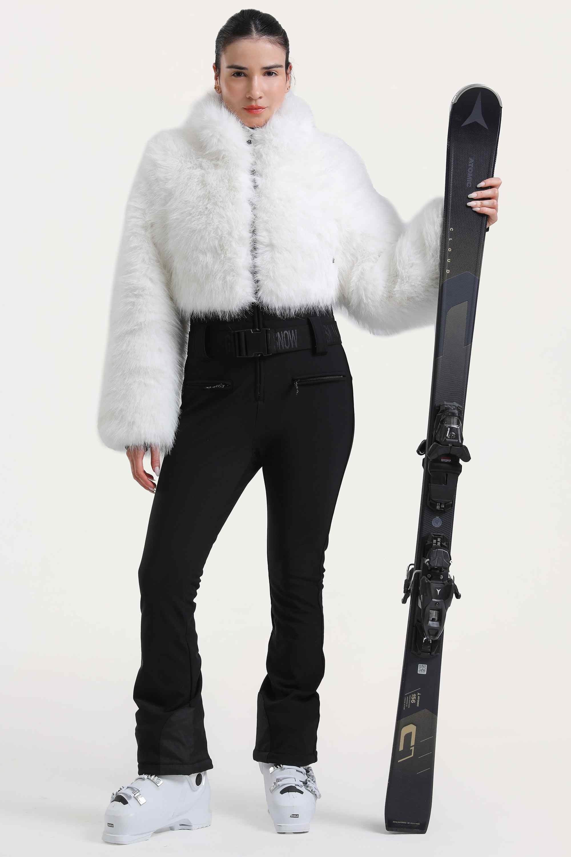 Women's White Fashion Slim-Fit Stretch Faux Fox Fur Flared One-Piece Ski Suit Snowboard Suit