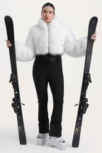 Women's White Fashion Slim-Fit Stretch Faux Fox Fur Flared One-Piece Ski Suit Snowboard Suit