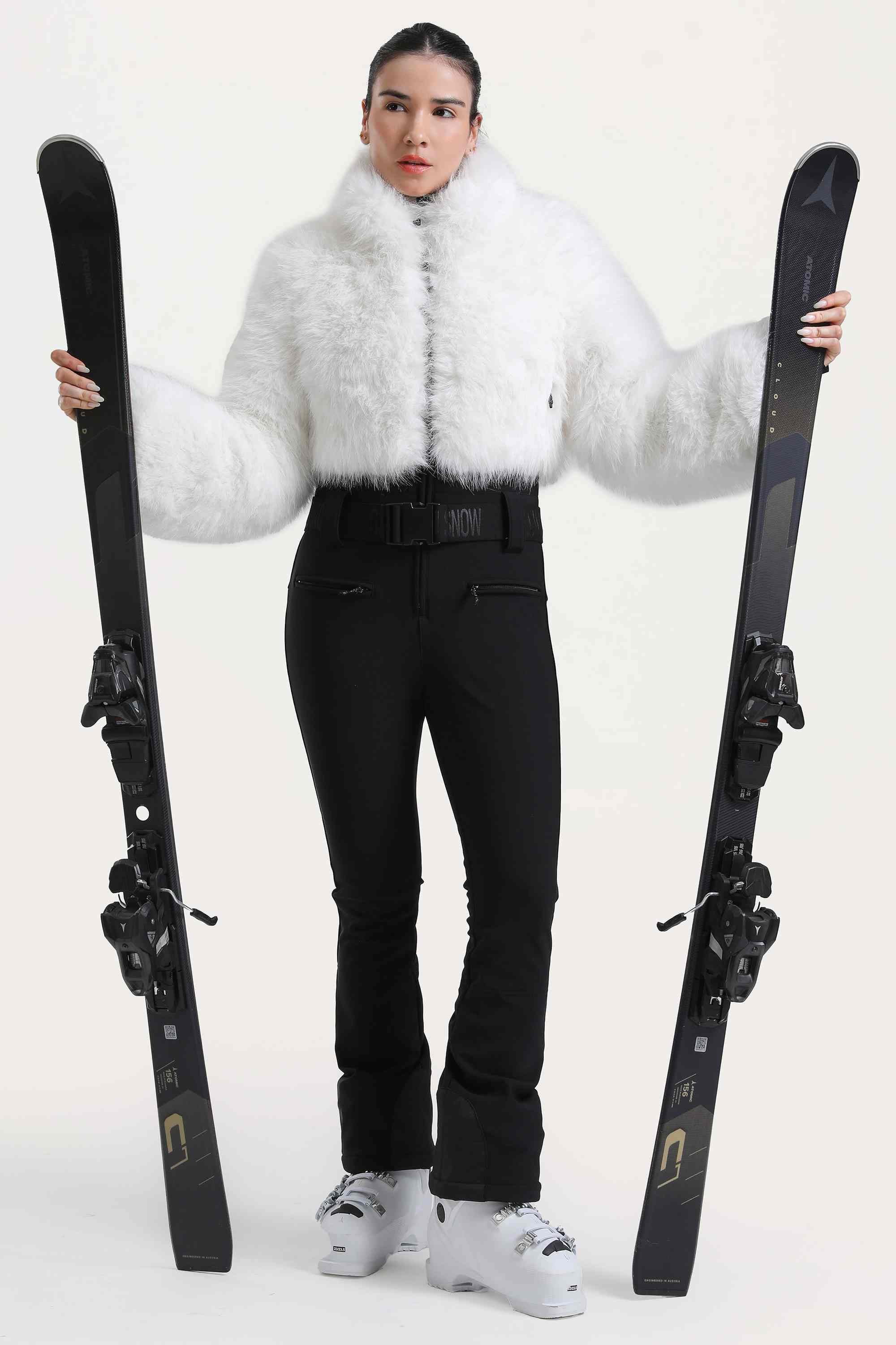 Women's White Fashion Slim-Fit Stretch Faux Fox Fur Flared One-Piece Ski Suit Snowboard Suit