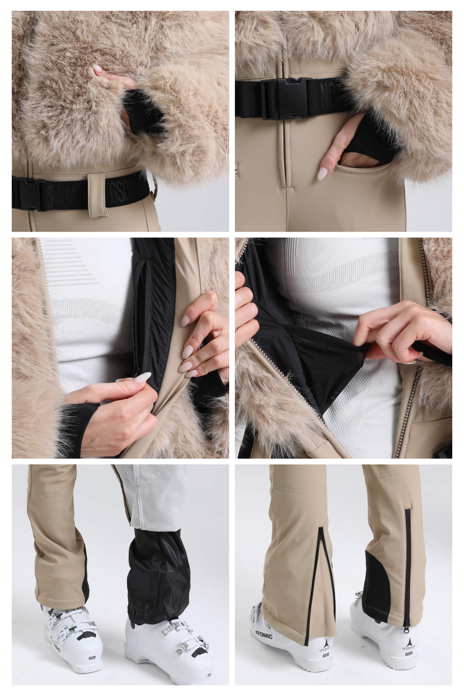 Women's White Fashion Slim-Fit Stretch Faux Fox Fur Flared One-Piece Ski Suit Snowboard Suit
