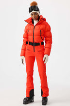 Women's Neon Orange Stain-Resistant Down One-Piece Ski Suit Snowboard Suit