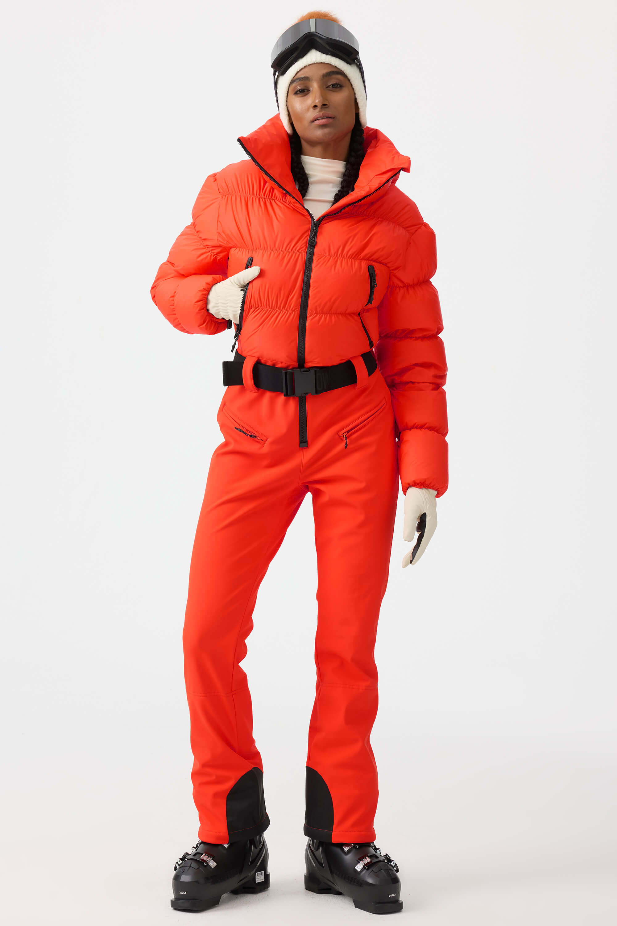 Women's Neon Orange Stain-Resistant Down One-Piece Ski Suit Snowboard Suit