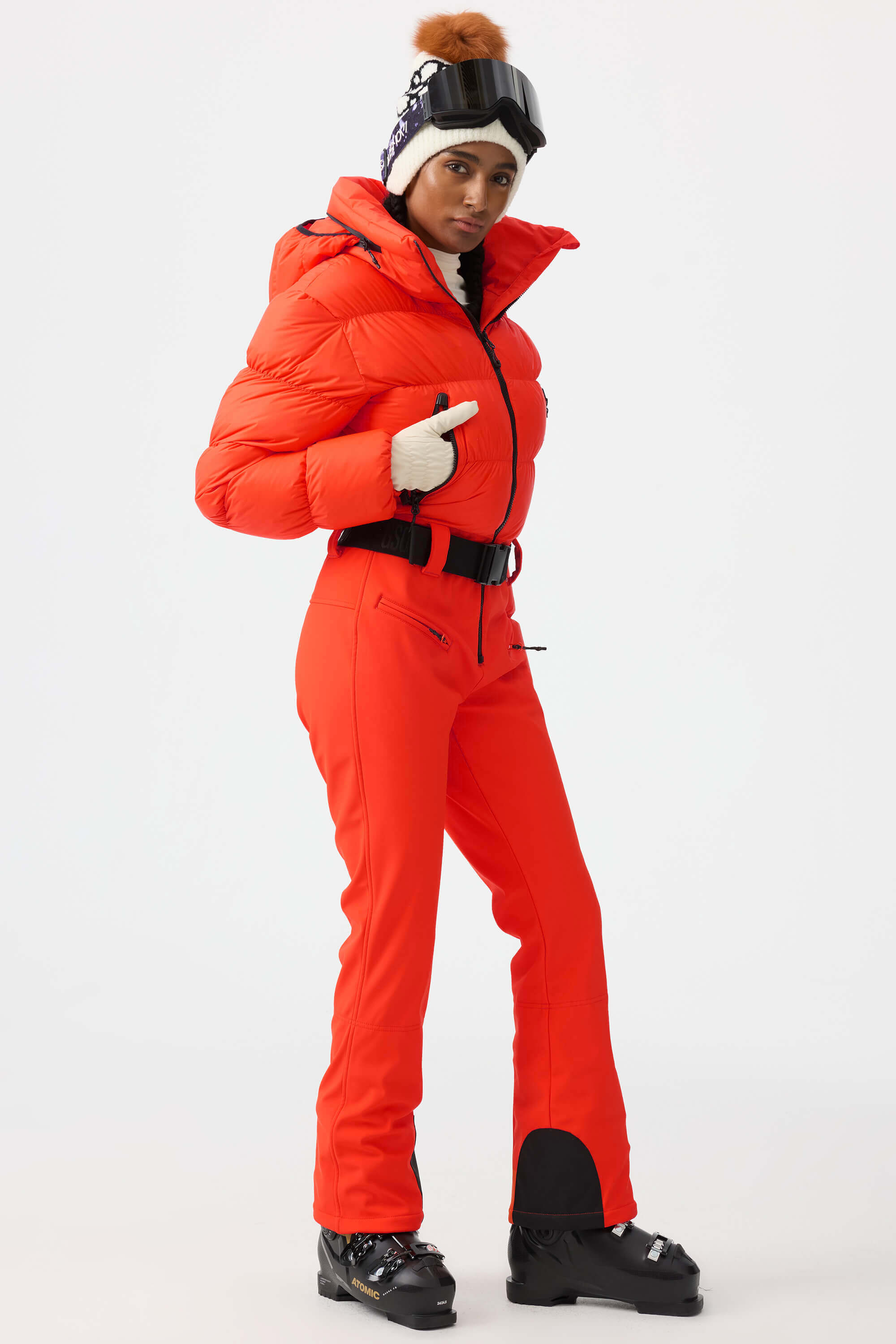 Women's Neon Orange Stain-Resistant Down One-Piece Ski Suit Snowboard Suit