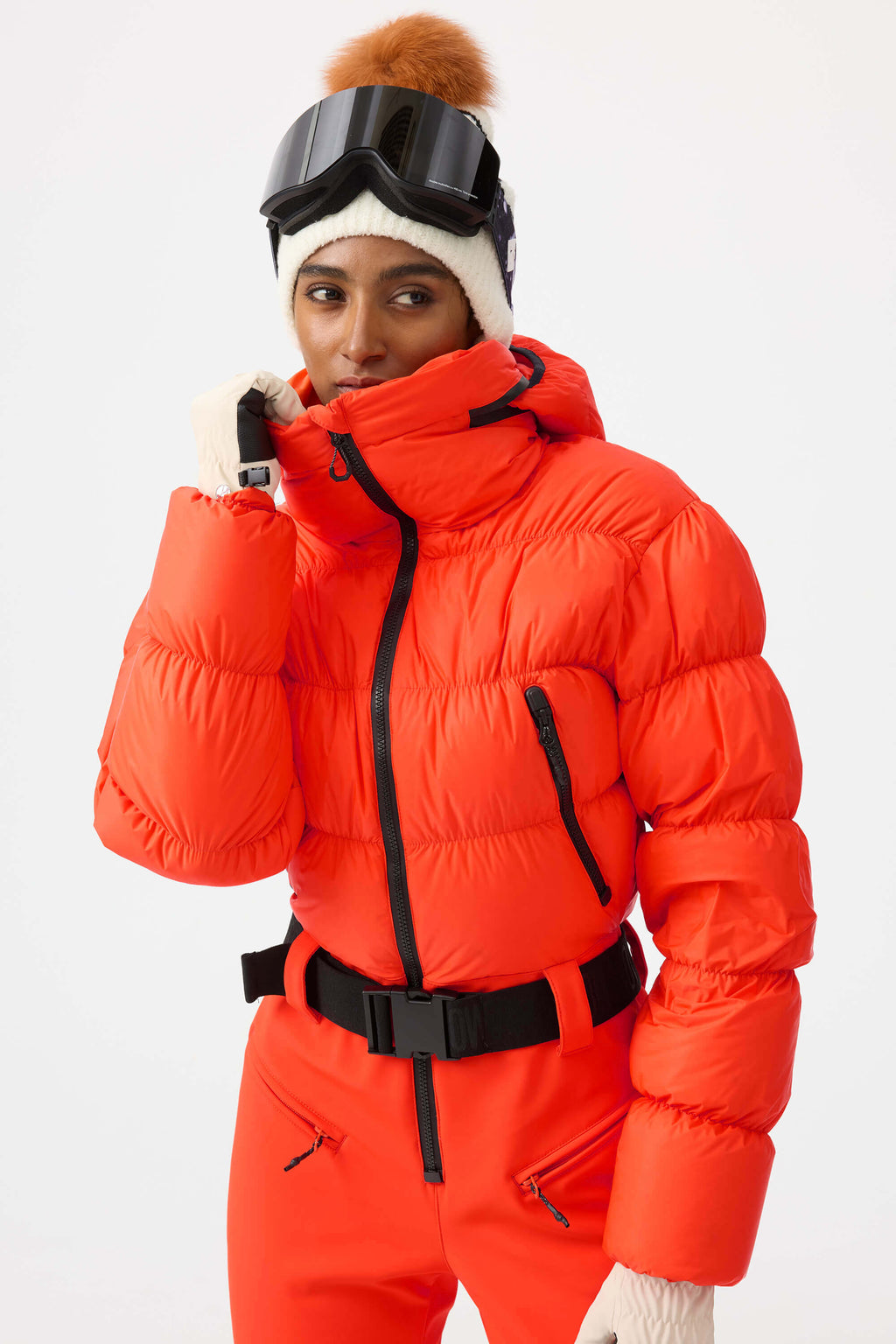 Women's Neon Orange Stain-Resistant Down One-Piece Ski Suit Snowboard Suit