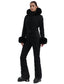 Women's Black Shirred Faux-Fur Waterproof One-Piece Ski Suit Snowboard Suit
