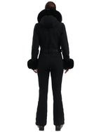 Women's Black Shirred Faux-Fur Waterproof One-Piece Ski Suit Snowboard Suit