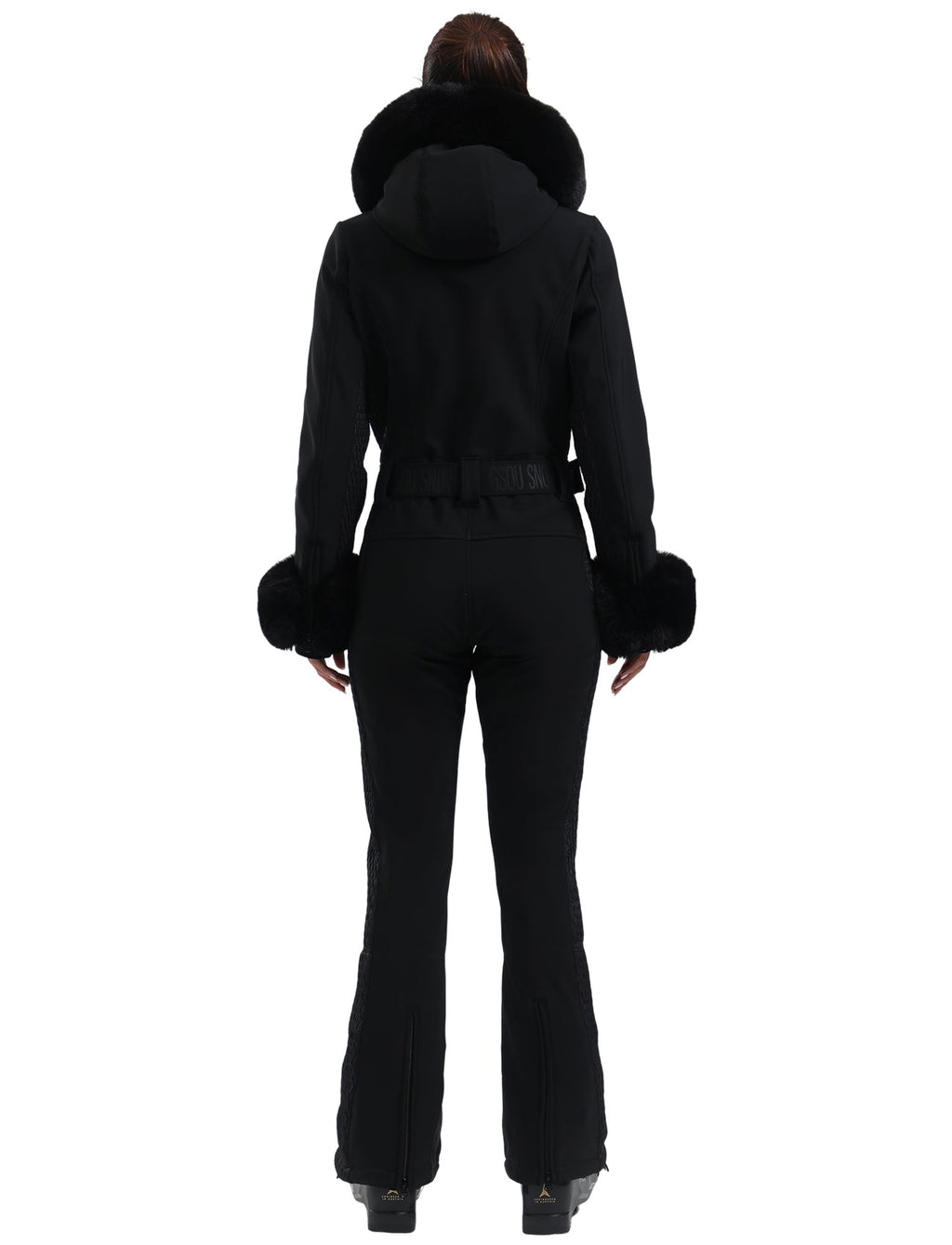 Women's Dark Brown Shirred Faux-Fur Waterproof One-Piece Ski Suit Snowboard Suit