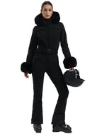 Women's Black Shirred Faux-Fur Waterproof One-Piece Ski Suit Snowboard Suit