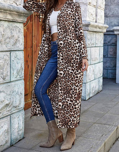 FULLFITALL- Chiffon coat skirt leopard print long sleeve lapel