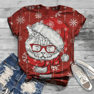 Women's Casual Christmas Christmas Wear Glasses Cat Pattern Printed Round Neck T-Shirt
