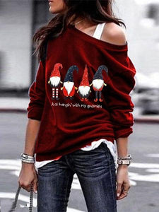 Ladies Santa Printed Long Sleeve Oblique Shoulder Sweatshirt