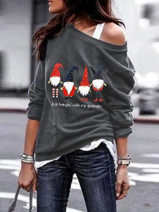 Ladies Santa Printed Long Sleeve Oblique Shoulder Sweatshirt