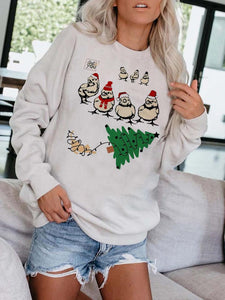 Christmas Cute Chick Print Long-Sleeved Round Neck Sweatershirt