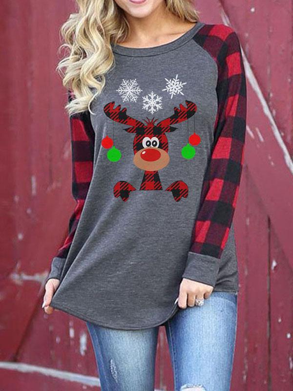 Women's Christmas Series Plaid Elk Snow Print Long Sleeve Sweatshirt-red,4size