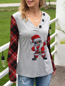 Women's Casual Loose Christmas Santa Print Long Sleeve T-shirt