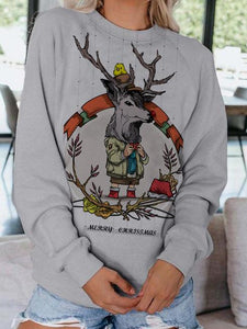Christmas Elk Print Long Sleeve Crew Neck Sweatshirt