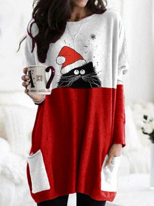 Women's Christmas Spliced Color Christmas Hat Cat Printed Long Sleeve T-shirts