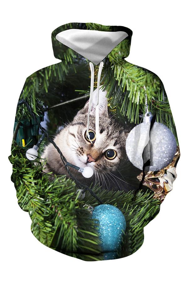 Ladies Christmas Tree Cute Cat Hooded Long Sleeve Drawstring Sweatshirt