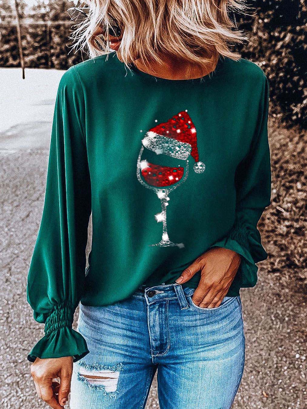 Women's Christmas Shining Wine Glass T-shirt