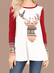 Christmas Elk Print Long Sleeve Round Neck T-Shirt